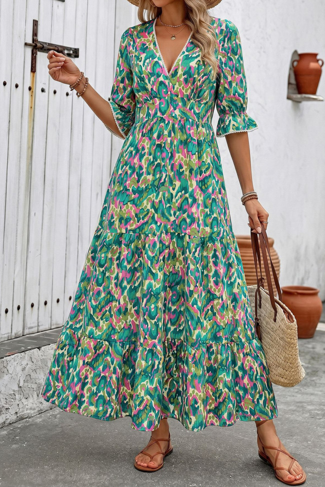 Printed V-neck Mid Sleeve Cake Dress