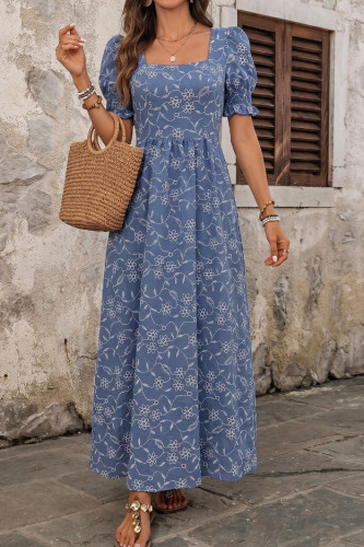 Square Neck Bubble Short Sleeve Floral Dress