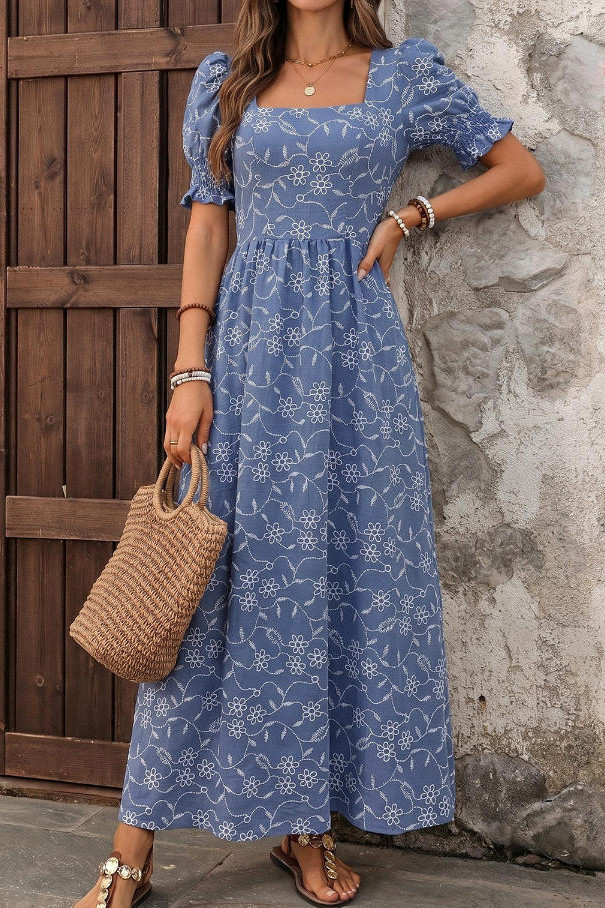 Square Neck Bubble Short Sleeve Floral Dress