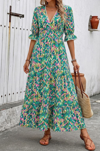Printed V-neck Mid Sleeve Cake Dress