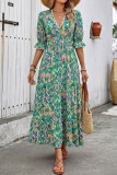 Printed V-neck Mid Sleeve Cake Dress