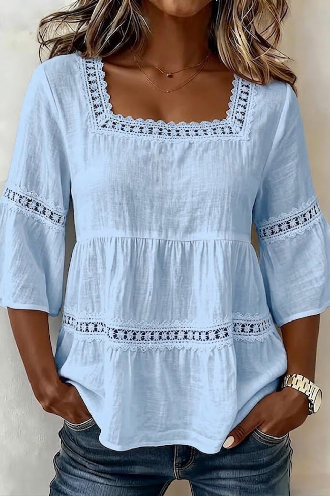 Square Collar Lace Seven Quarter Sleeved Shirt