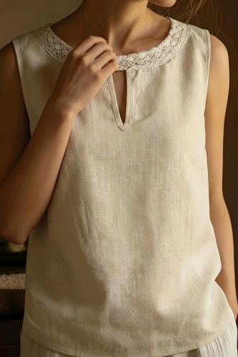 Lace Round Neck Sleeveless Linen Vest