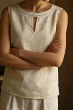 Lace Round Neck Sleeveless Linen Vest
