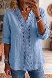 Ruffle V-neck Solid Color Mid Sleeved Shirt