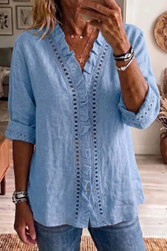 Ruffle V-neck Solid Color Mid Sleeved Shirt