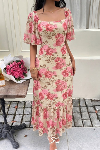 Square Neck Lotus Leaf Short Sleeved Beach Dress