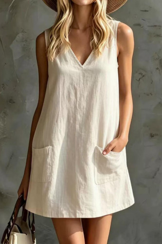 V-neck Solid Color Pocket Sleeveless Dress