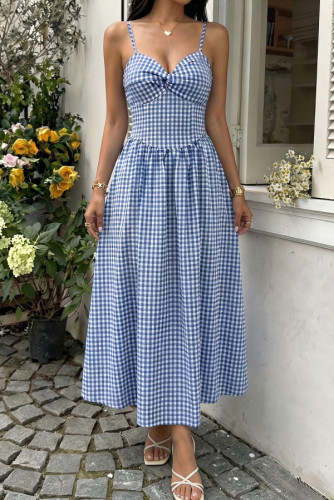 Sleeveless Waist Cinched Plaid Camisole Dress