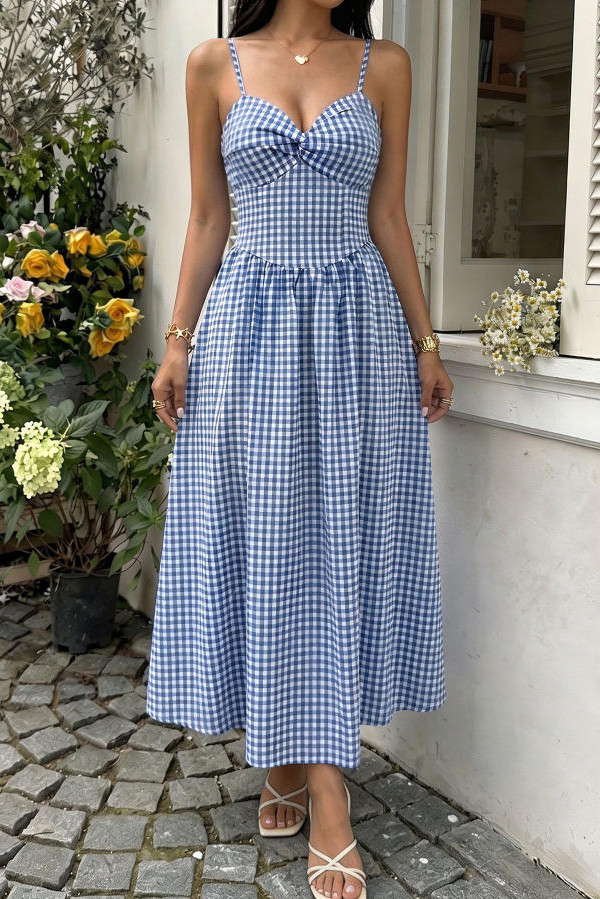 Sleeveless Waist Cinched Plaid Camisole Dress