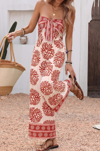 Bohemian Sunflower Print Strapless Wide Leg Jumpsuit