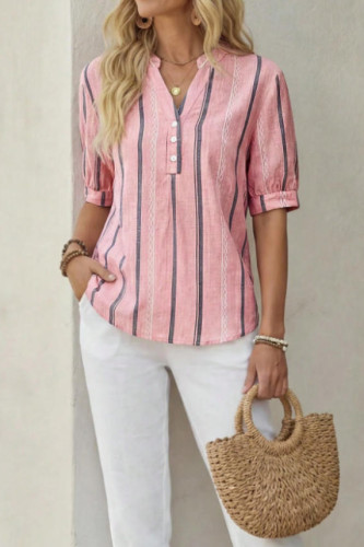 V-neck Striped Printed Short Sleeved T-shirt