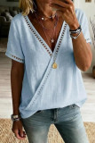 V-neck Short Sleeved Hollow Solid Color Shirt