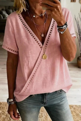 V-neck Short Sleeved Hollow Solid Color Shirt