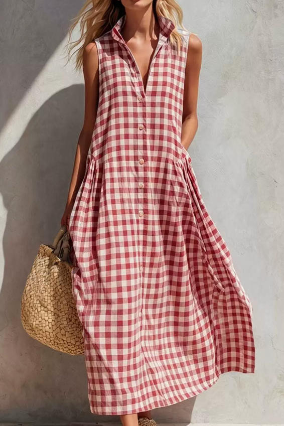 Vacation Style Plaid Printed Lapel Sleeveless Dress