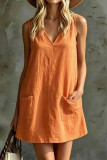 V-neck Solid Color Pocket Sleeveless Dress