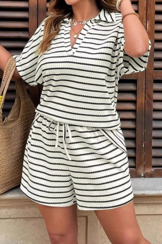 Large Size Striped Loose Lapel Shirt Shorts 2-piece Set