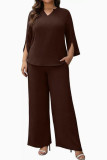 Large Size V-neck Long Sleeved Shirt Wide Leg Pants 2-piece Set