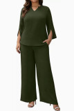 Large Size V-neck Long Sleeved Shirt Wide Leg Pants 2-piece Set