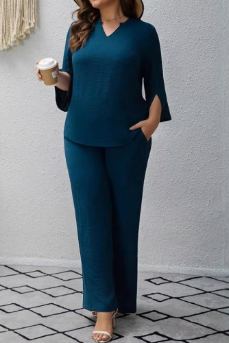 Large Size V-neck Long Sleeved Shirt Wide Leg Pants 2-piece Set