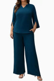 Large Size V-neck Long Sleeved Shirt Wide Leg Pants 2-piece Set