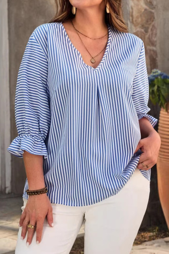 Large Size V-neck Mid Sleeve Striped Shirt
