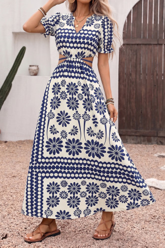 V-neck Short Sleeved Hollow Waist Cinching Dress