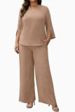 Large Size V-neck Long Sleeved Shirt Wide Leg Pants 2-piece Set