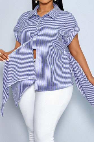 Irregular Lace Up Short Sleeved Striped Shirt