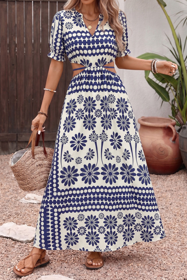 V-neck Short Sleeved Hollow Waist Cinching Dress