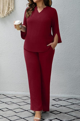 Large Size V-neck Long Sleeved Shirt Wide Leg Pants 2-piece Set