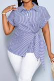 Irregular Lace Up Short Sleeved Striped Shirt