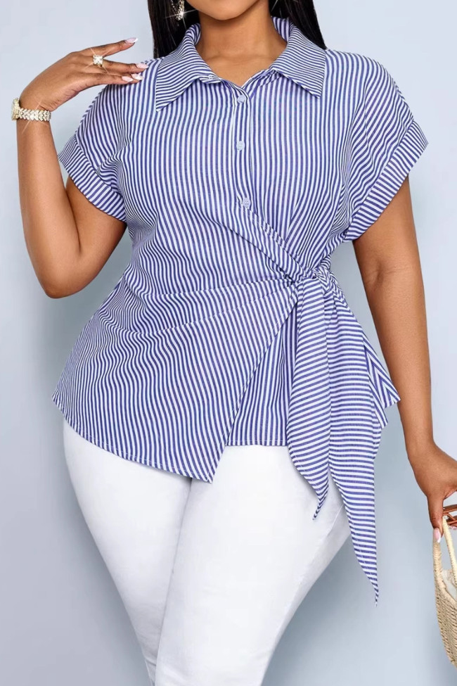 Irregular Lace Up Short Sleeved Striped Shirt
