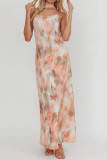 Floral Print Neck Hanging Ribbon Chiffon Dress