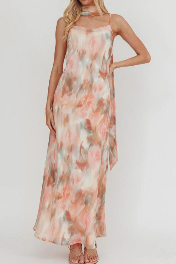 Floral Print Neck Hanging Ribbon Chiffon Dress
