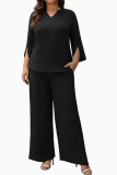 Large Size V-neck Long Sleeved Shirt Wide Leg Pants 2-piece Set