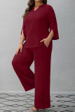Large Size V-neck Long Sleeved Shirt Wide Leg Pants 2-piece Set