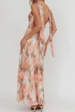 Floral Print Neck Hanging Ribbon Chiffon Dress