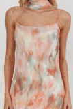 Floral Print Neck Hanging Ribbon Chiffon Dress