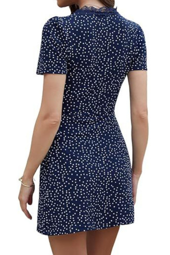 Polka Dot Short Sleeve V-neck Lace Mini Dress