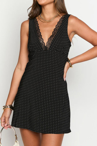 Polka Dot Slim Fit Deep V-neck Lace Dress
