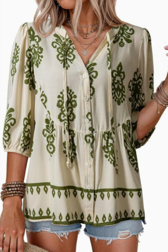 Bohemian V-neck Ruffled Short Sleeve Shirt