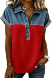 Lapel Short Sleeved Patchwork T-shirt