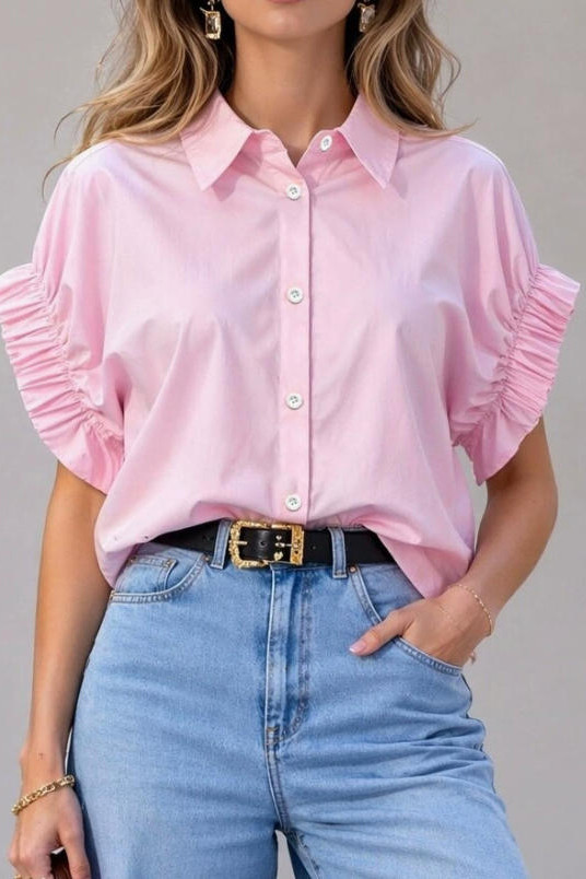 Solid Color Pleated Short Sleeved Lapel Shirt