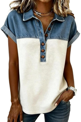 Lapel Short Sleeved Patchwork T-shirt