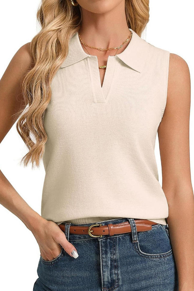 Sleeveless Polo Collar Solid Color Vest