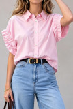 Solid Color Pleated Short Sleeved Lapel Shirt