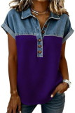 Lapel Short Sleeved Patchwork T-shirt
