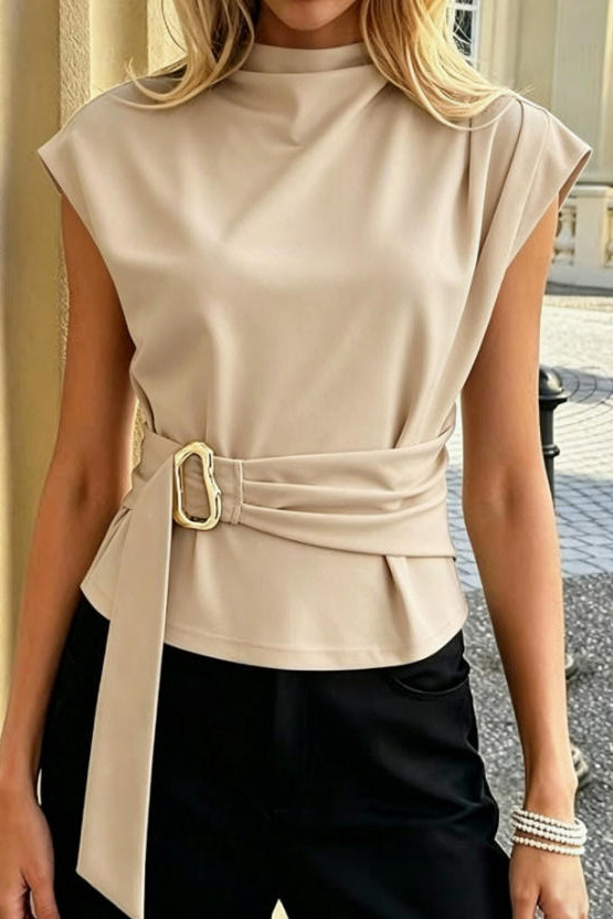 High Neck Sleeveless Metal Button Shirt