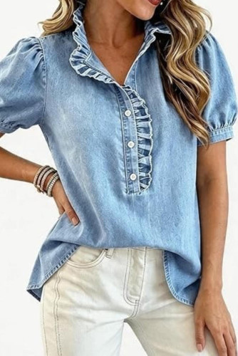 Bubble Short Sleeved Pleated Denim Shirt